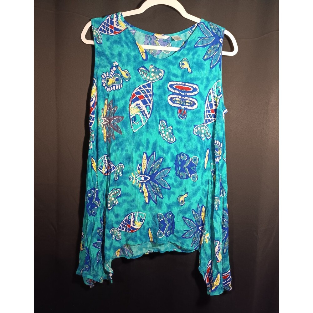 Kaktus Large Blue Turquoise Colorful Fish Sleeveless Tunic Tank Top Boho Beachy